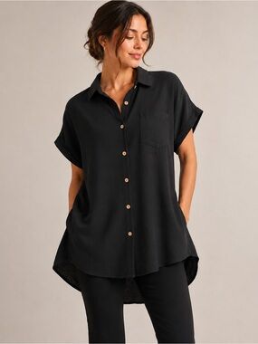 BSUBSEACH Black Button Front High Low Tunic Top Back Tie Medium